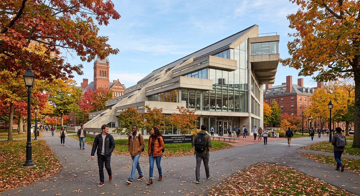 Harvard Graduate School of Design Gund Hall exterior with modern architectural facade, students walking on campus pathways surrounded by mature trees, Cambridge Massachusetts autumn setting with red brick buildings in background