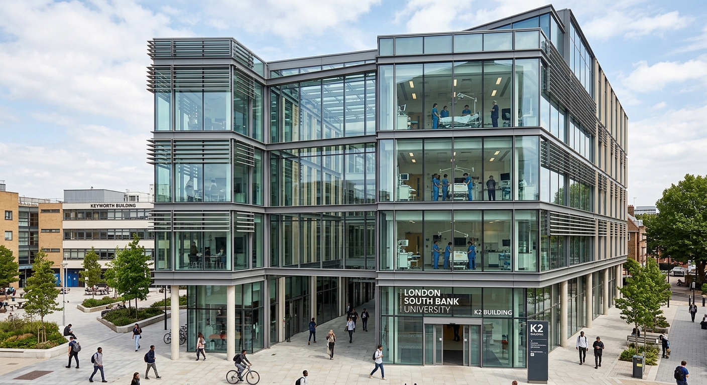 K2 building at London South Bank University, Grimshaw Architects designed glass and steel structure, healthcare simulation labs visible, modern university building