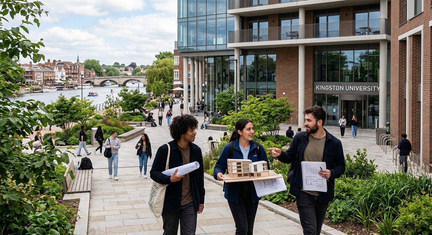 Kingston University Penrhyn Road campus with modern architecture and landscaped grounds, students walking through outdoor spaces with urban design models and sketches, Kingston upon Thames riverside in the background