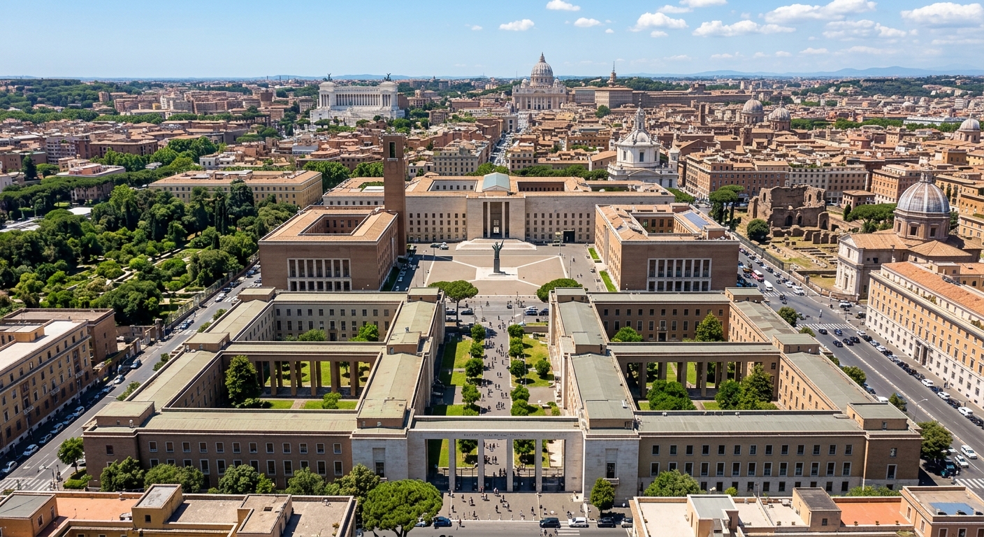Aerial view of Sapienza University of Rome main campus Città Universitaria, rationalist architecture buildings arranged around central piazza, green courtyards, Rome cityscape in background with historic domes and rooftops under clear Mediterranean sky