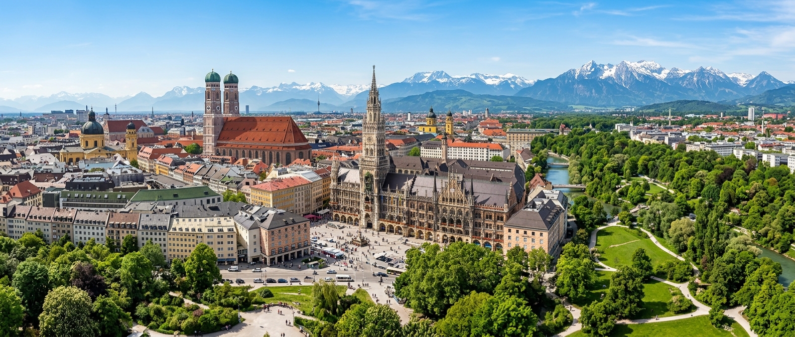 Panoramic view of Munich skyline featuring the twin towers of Frauenkirche cathedral, Marienplatz town hall, green parks, and the Bavarian Alps visible in the background on a clear day