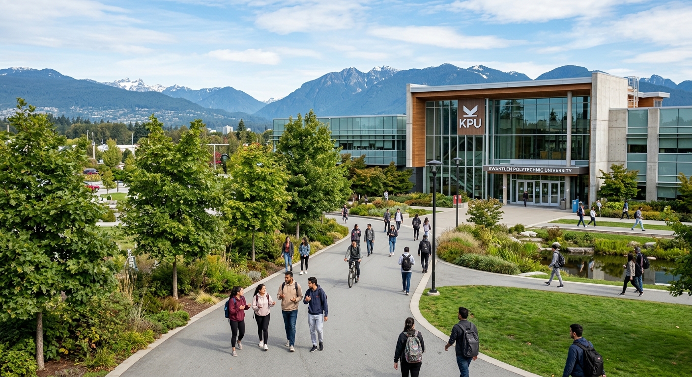 Modern campus building at Kwantlen Polytechnic University in Metro Vancouver, British Columbia, Canada, with students walking along tree-lined pathways, green landscaping, and mountain views in the background