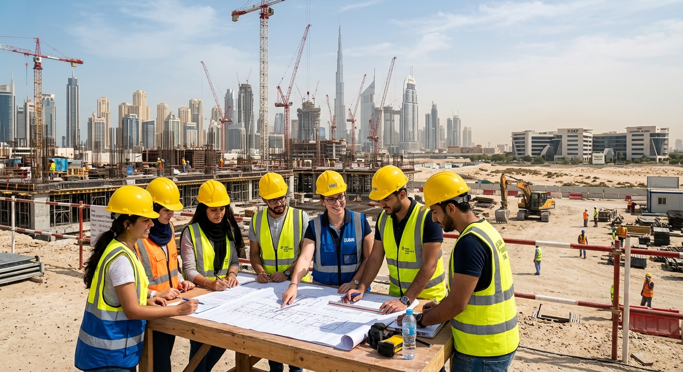 Modern Dubai skyline with construction cranes and high-rise buildings under development, students in hard hats reviewing blueprints on a construction site, sunny desert cityscape with Dubai Knowledge Park campus visible in the background