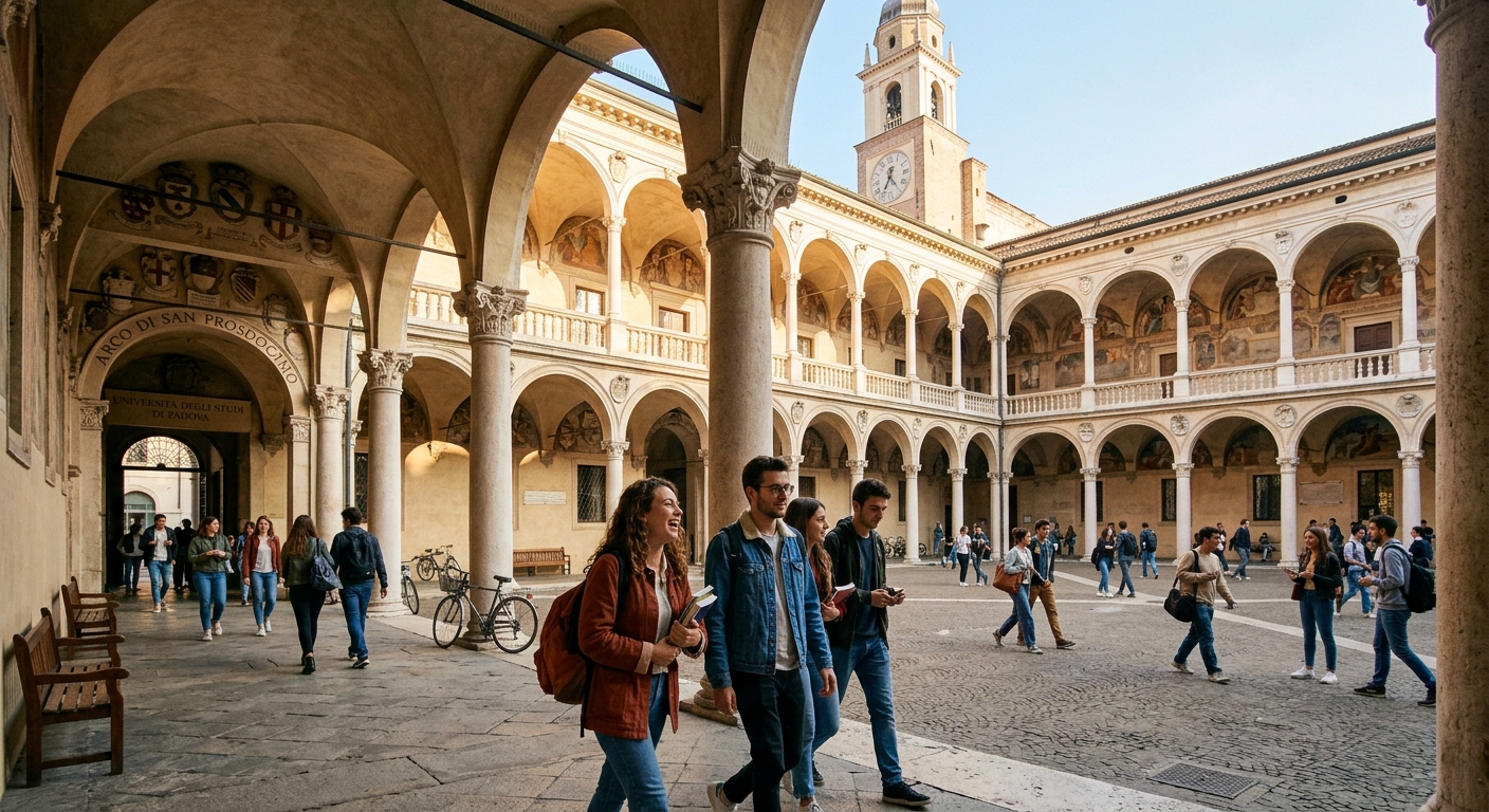University of Padua Palazzo Bo historic courtyard with Renaissance arches and columns, students walking through the sunlit loggia, warm Italian afternoon light