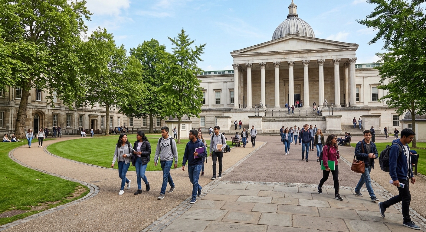 UCL University College London historic Bloomsbury campus with neoclassical portico building, students walking through the main quad on a sunny day, green lawns and trees in the background