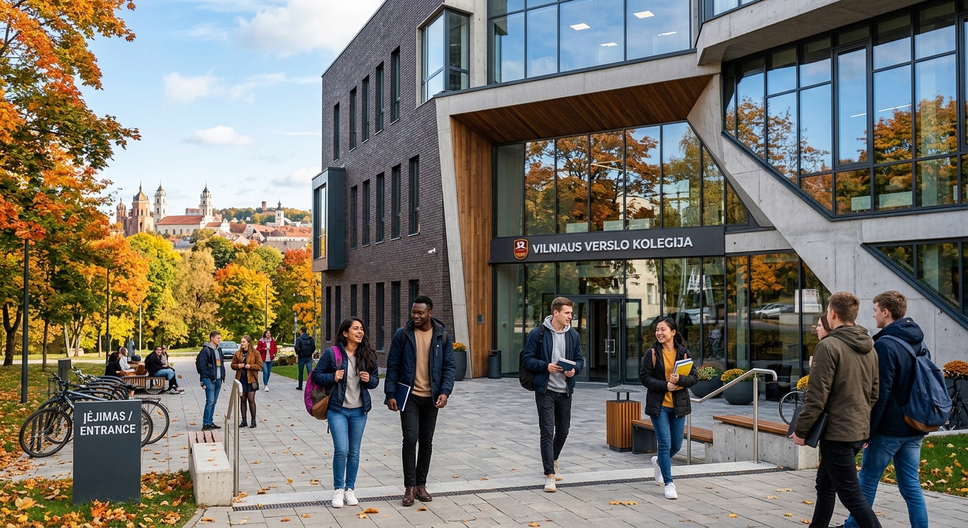 Modern Vilnius Business College campus building with contemporary architecture, international students walking through entrance, Lithuanian cityscape in background, bright autumn day
