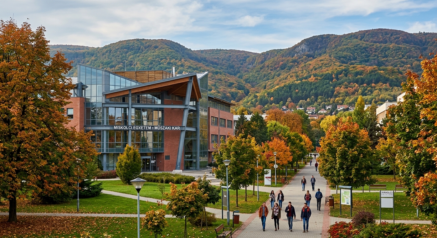 University of Miskolc campus with modern engineering faculty building surrounded by green park and Bükk Mountains in the background, students walking on tree-lined pathways, autumn atmosphere in Miskolc Hungary