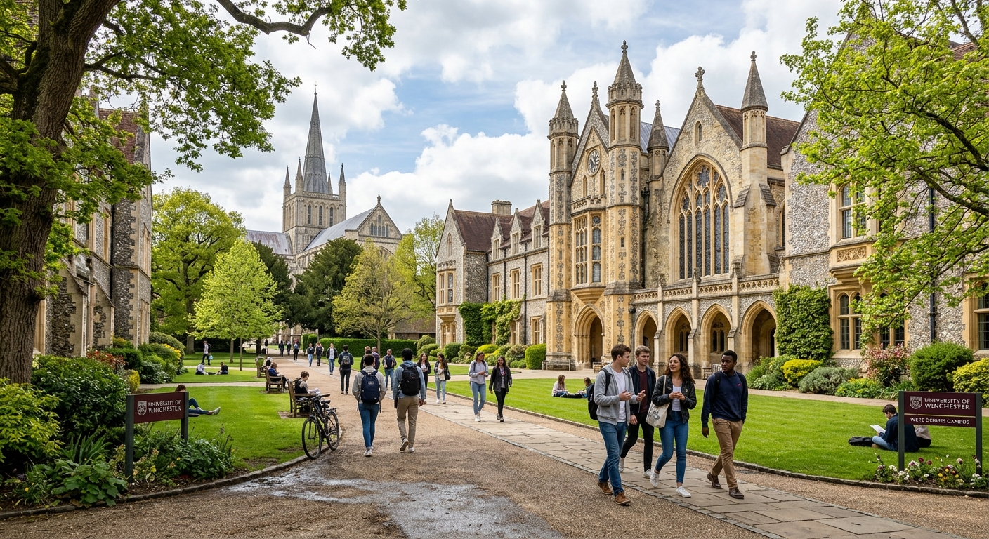 Historic University of Winchester campus with Gothic-style buildings surrounded by green lawns, students walking along tree-lined pathways in Winchester, Hampshire, England, with cathedral spire visible in the background