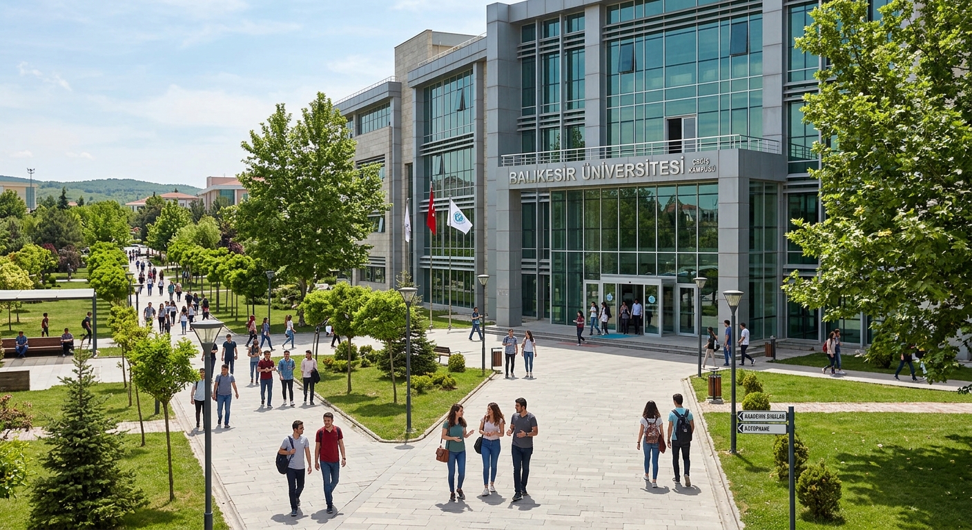 Balikesir University Cagis Campus main academic building, modern architecture with glass facade, students walking on tree-lined pathways, bright daylight