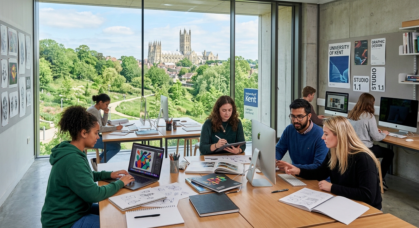 University of Kent Canterbury campus with modern design studios, creative students working on graphic design projects, green parkland surroundings, cathedral city backdrop