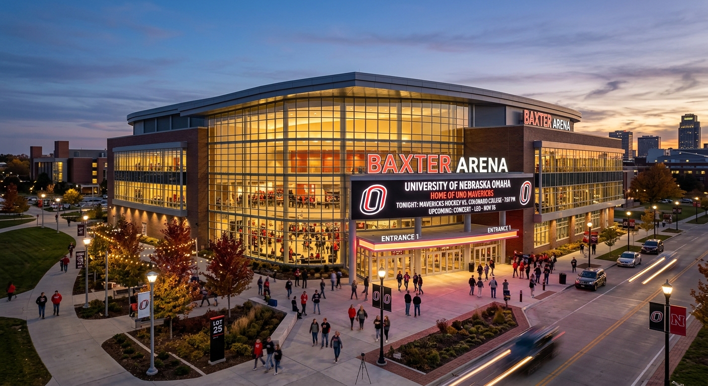 Baxter Arena exterior at University of Nebraska Omaha, large modern multi-purpose arena with glass facade, event signage, evening lighting