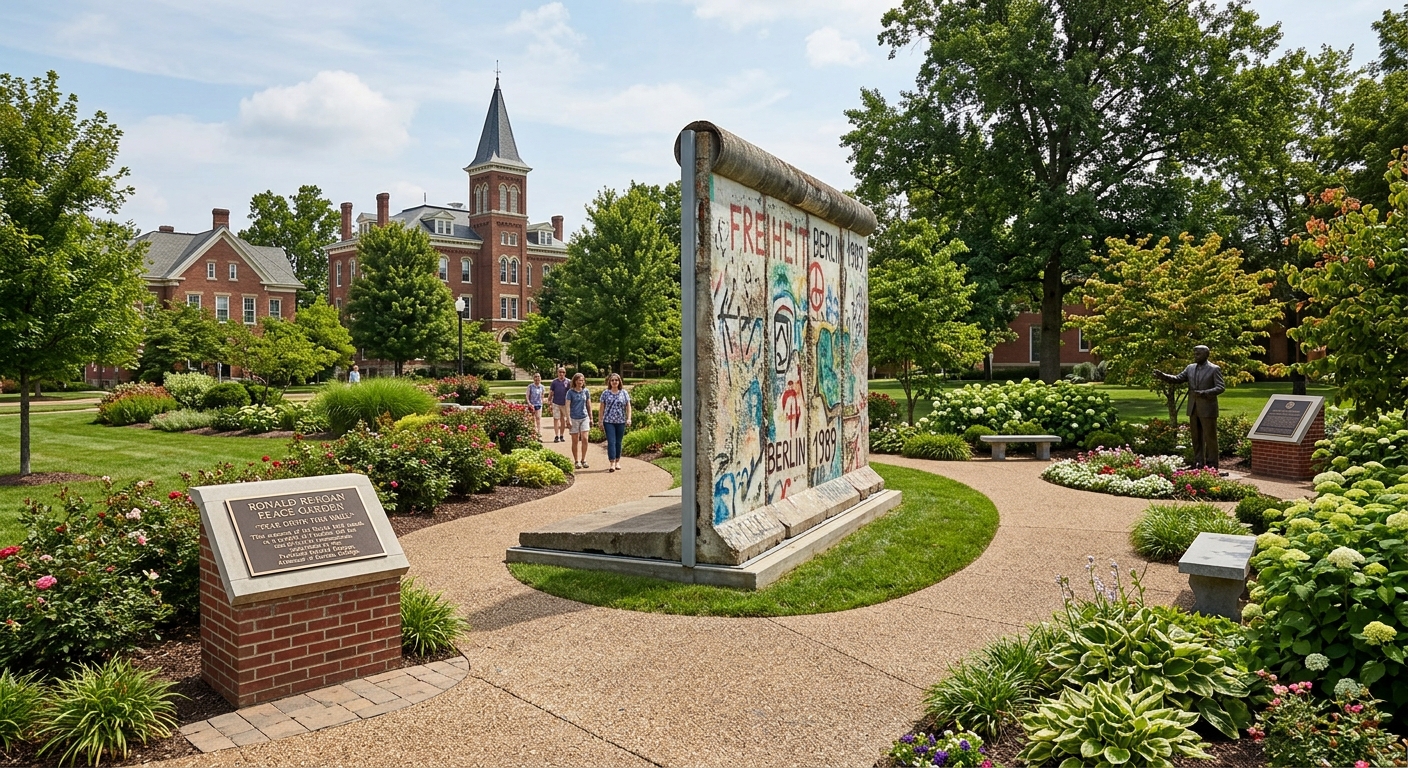 Ronald Reagan Museum and Peace Garden at Eureka College, featuring a section of the Berlin Wall, memorial plaques, and landscaped gardens with walking paths