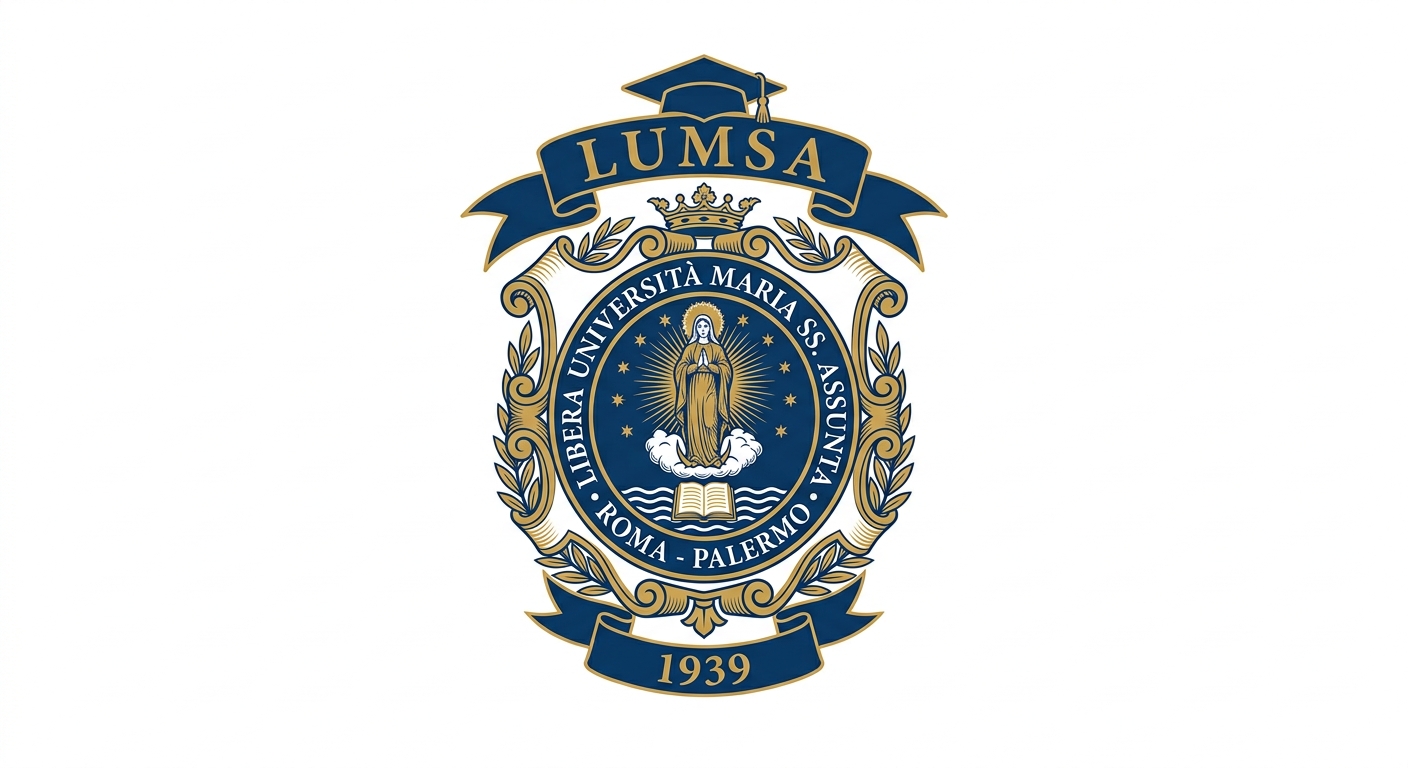 LUMSA University official logo, Libera Università Maria Santissima Assunta crest with blue and gold academic emblem on white background