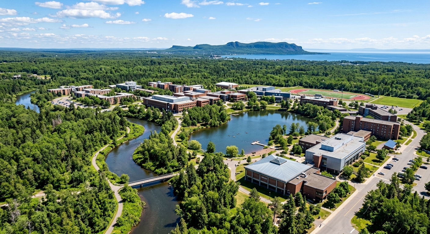 Lakehead University Thunder Bay campus aerial view, Lake Tamblyn and McIntyre River winding through modern academic buildings surrounded by boreal forest, Sleeping Giant formation visible in the distance under blue sky