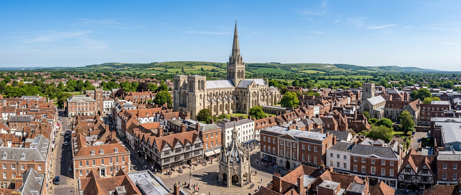 Panoramic view of Chichester city centre, medieval Chichester Cathedral with its spire, historic market cross, Georgian and Tudor buildings, green hills of South Downs in background, clear blue sky