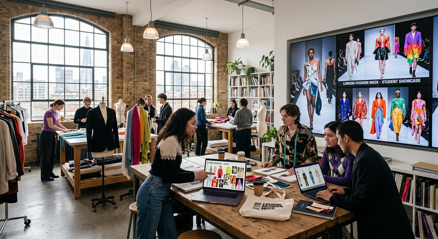 Elegant fashion school campus interior with modern digital screens displaying fashion collections, students collaborating around laptops in a contemporary London studio space with large windows and natural light