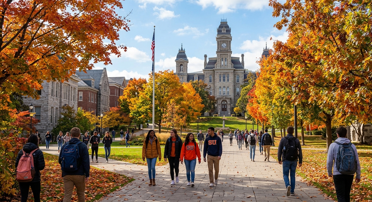 Syracuse University campus in autumn with orange and red foliage, historic stone buildings, students walking along tree-lined pathways, Hall of Languages visible in background, bright sunny day