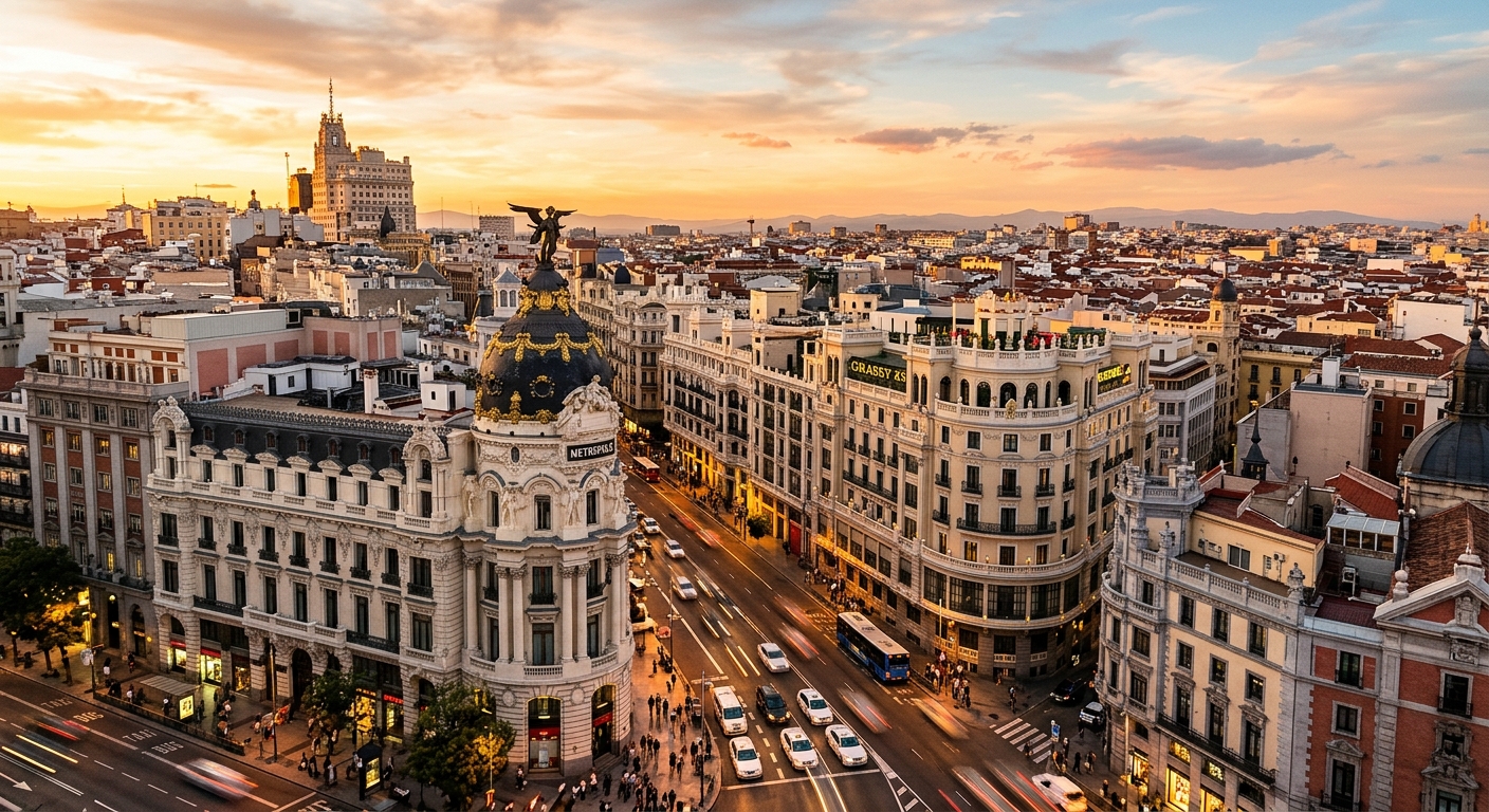 Madrid city skyline at golden hour, Gran Via street with historic buildings, Metropolis building in foreground, warm evening light, bustling urban atmosphere