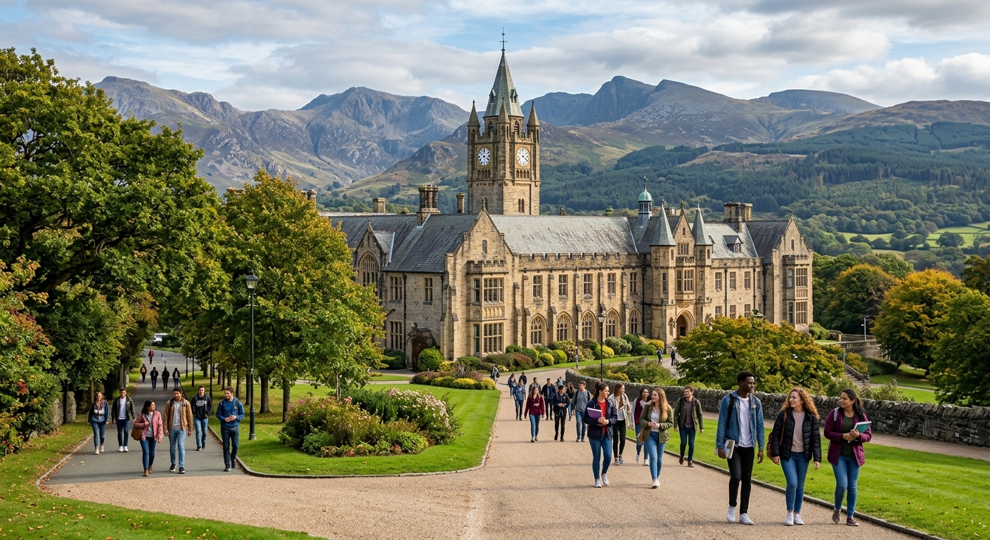 Bangor University historic main building with clock tower set against the backdrop of Snowdonia mountains and green Welsh landscape, students walking along tree-lined campus paths