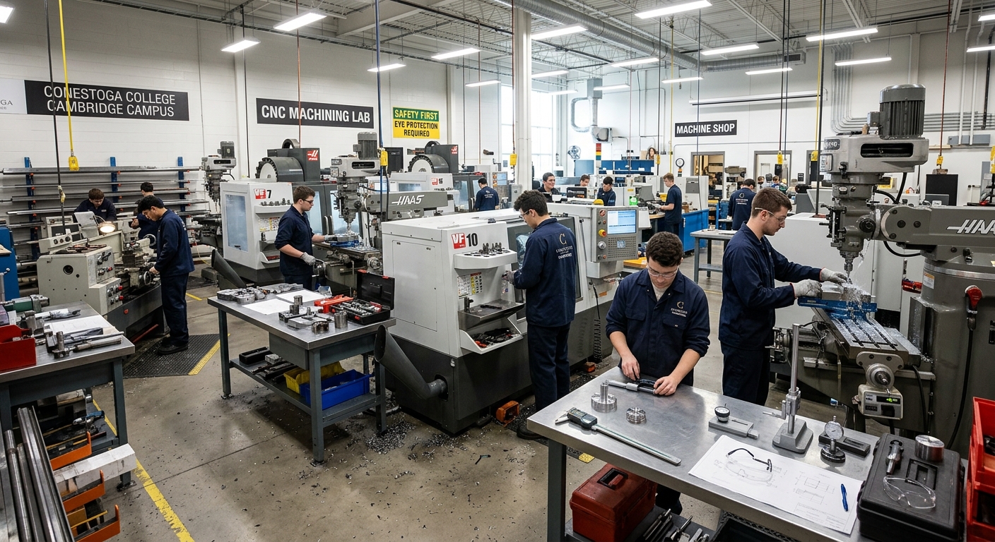 Industrial machining workshop at Conestoga College Cambridge campus, students operating CNC lathes and milling machines, precision tool and die equipment, bright overhead lighting, metal shavings and measuring instruments on workbenches