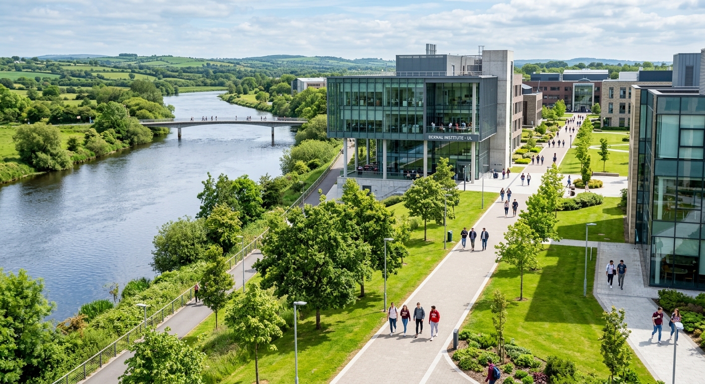 University of Limerick campus along the River Shannon, modern science building with glass facade, green Irish landscape, students walking on pathways between lecture halls and laboratories