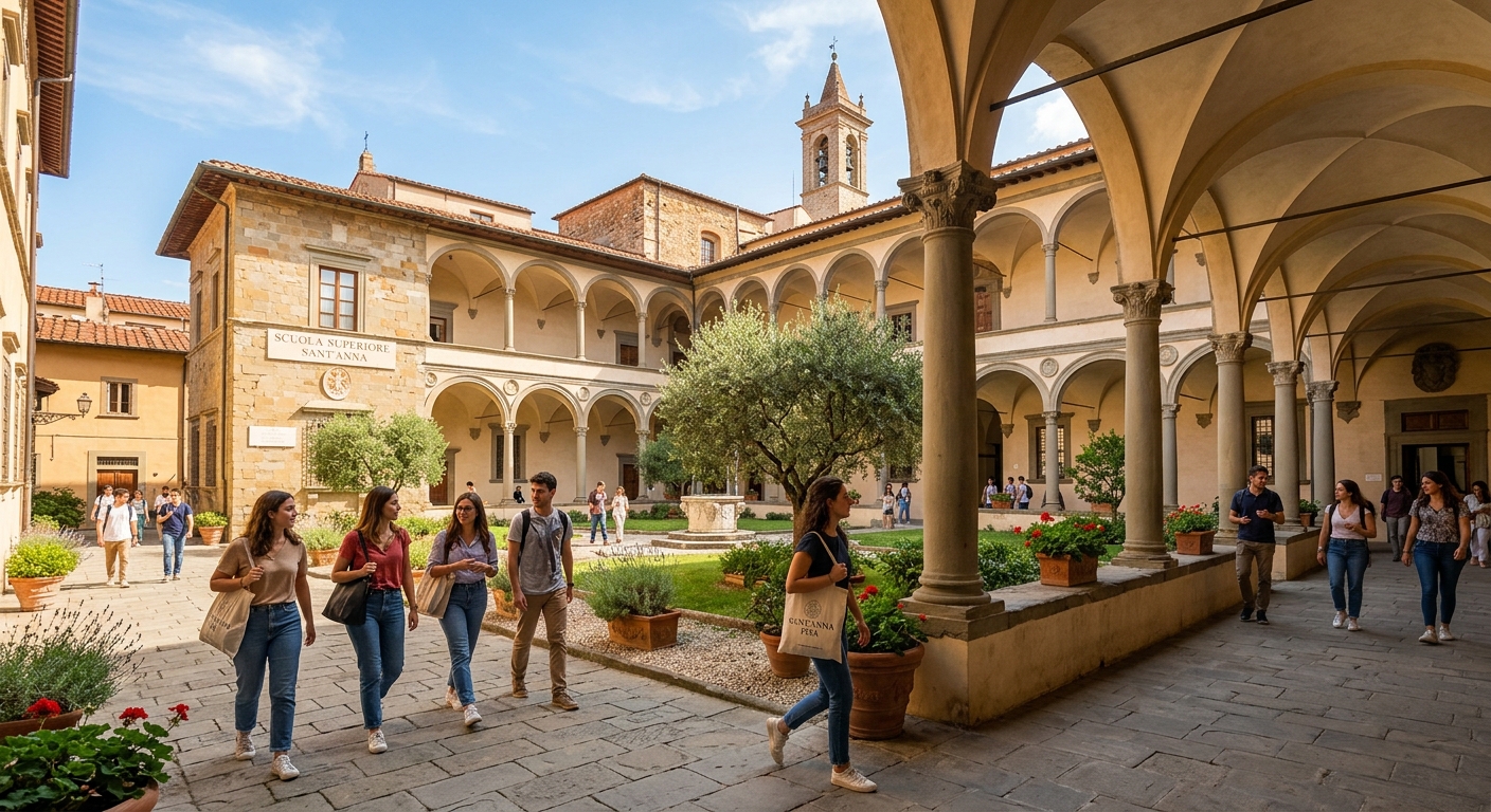 Historic Sant'Anna School of Advanced Studies campus building in Pisa, Italy, with Renaissance architecture, courtyard with arched colonnades, students walking through the grounds, warm Tuscan sunlight, Mediterranean atmosphere