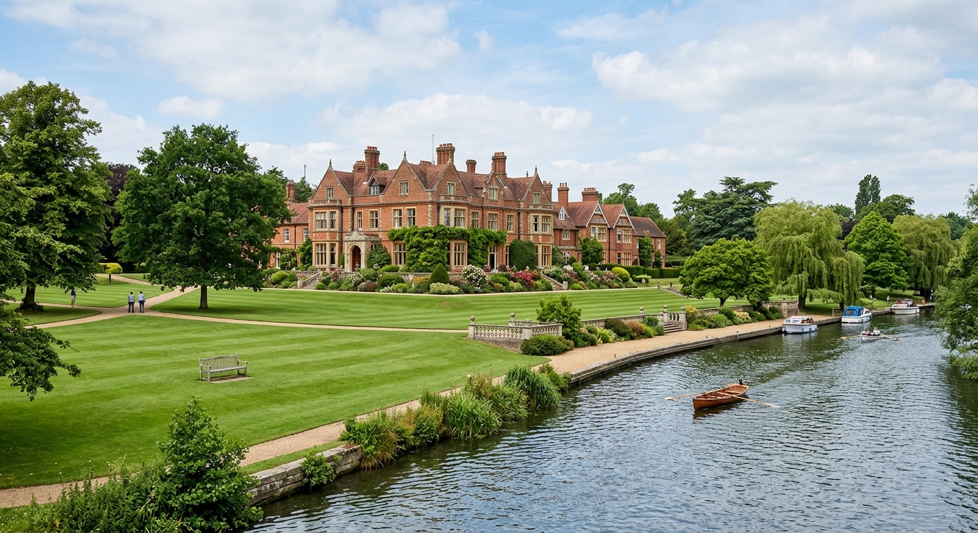 Greenlands campus of Henley Business School, historic country estate building on the banks of River Thames, manicured lawns, traditional English architecture, peaceful setting