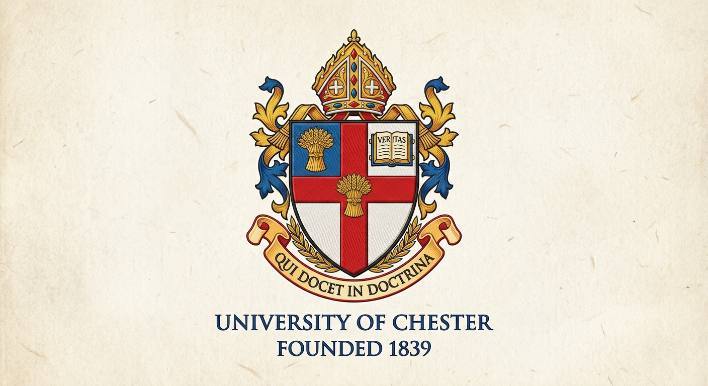 University of Chester official logo featuring a red and white shield with St George's cross, golden wheatsheaf, open book, bishop's mitre crest, and Latin motto scroll