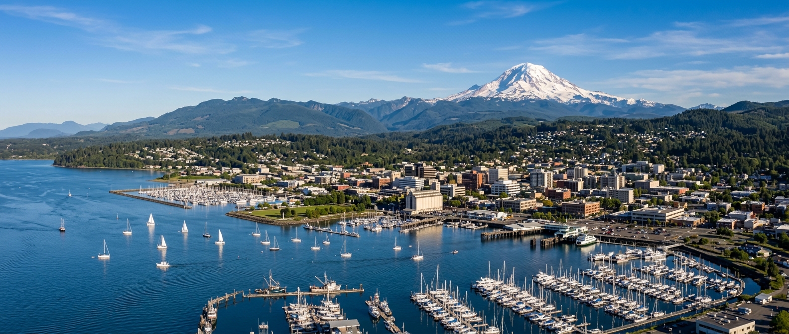 Panoramic view of Bellingham Washington showing the downtown waterfront district with Bellingham Bay, sailboats in the harbor, and snow-capped Mount Baker rising in the background under blue skies
