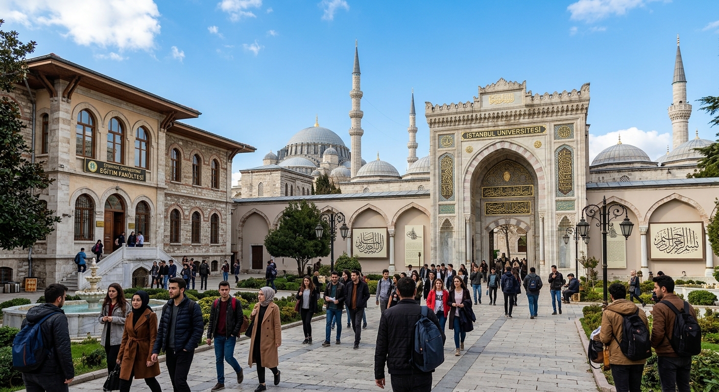 Historic Istanbul university campus with Ottoman-inspired architecture, students walking through courtyard with Arabic calligraphy displays, Faculty of Education building, blue sky with minarets visible in background