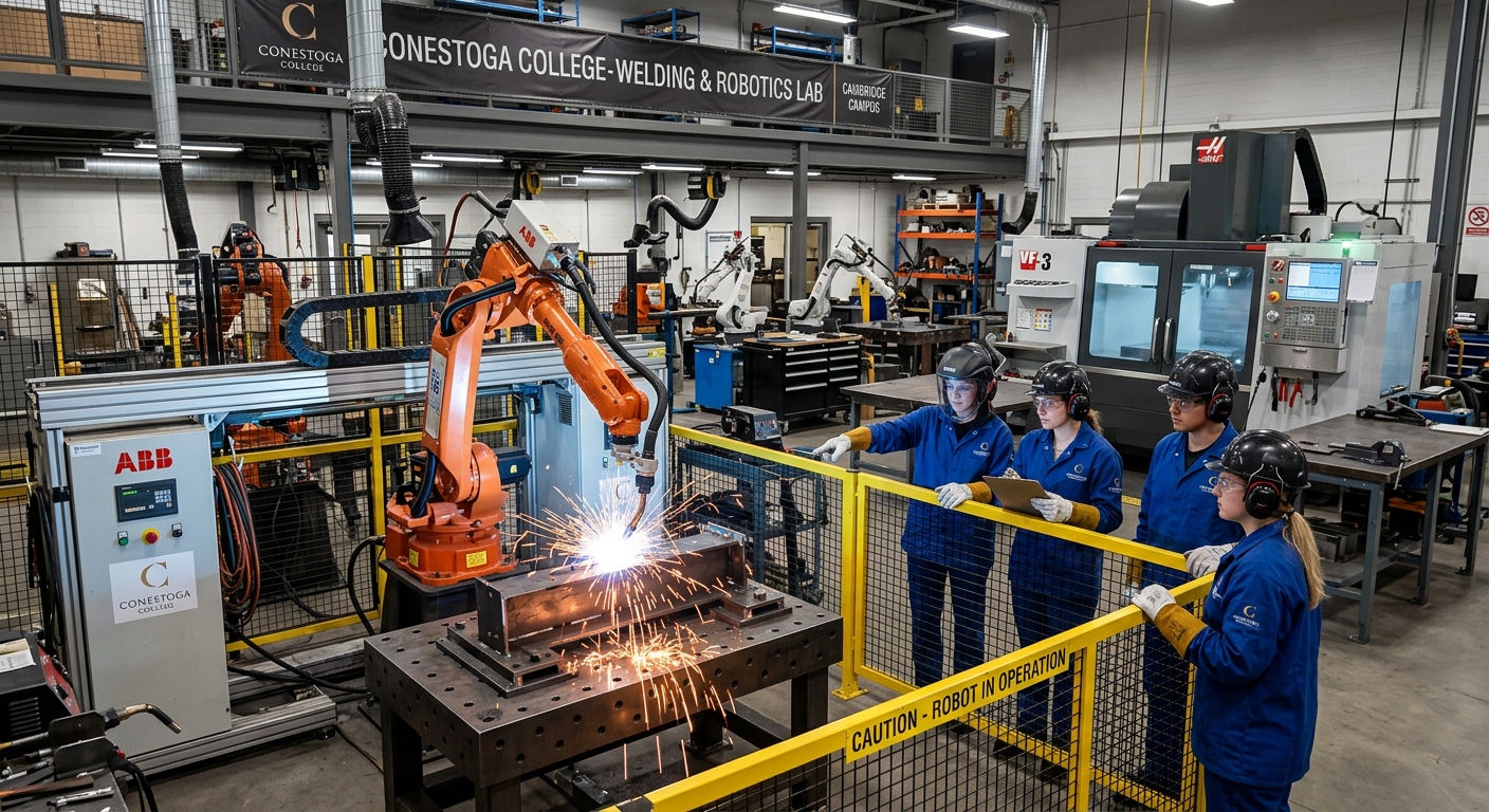 Industrial welding robotics laboratory at Conestoga College Cambridge campus, robotic welding arms in action with bright orange sparks, students in safety gear observing automated welding processes, modern equipment and CNC machinery in background