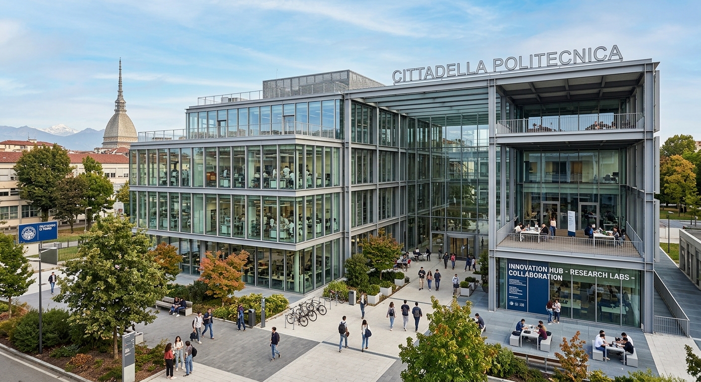 Cittadella Politecnica modern research complex, glass and steel architecture, open collaborative spaces, research laboratories, innovation hub in Turin