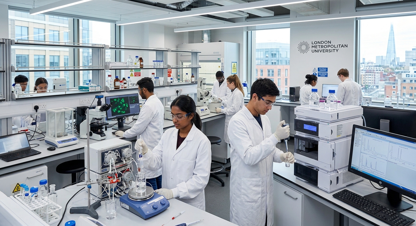 Modern pharmaceutical science laboratory at London Metropolitan University with students in white lab coats working with drug delivery equipment, microscopes, and analytical instruments, bright overhead lighting and clean workstations in a contemporary university science centre