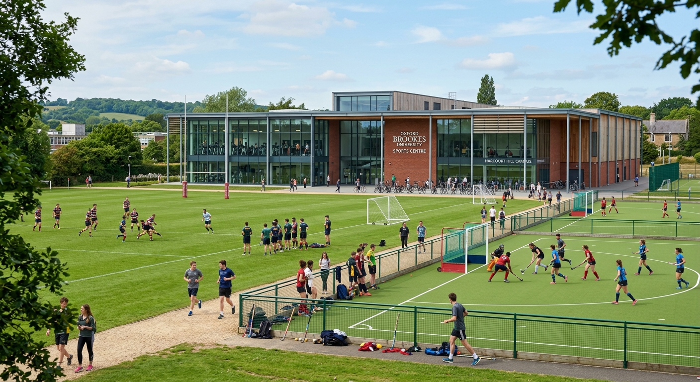 Oxford Brookes University sports centre exterior, students playing outdoor sports on green fields, modern fitness facility building in background