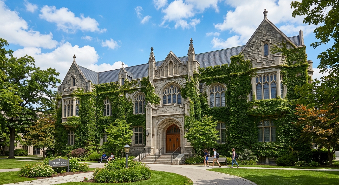 Dillon Hall at the University of Windsor, historic Gothic Revival stone building built in 1928 with arched windows and ivy-covered walls, blue sky background