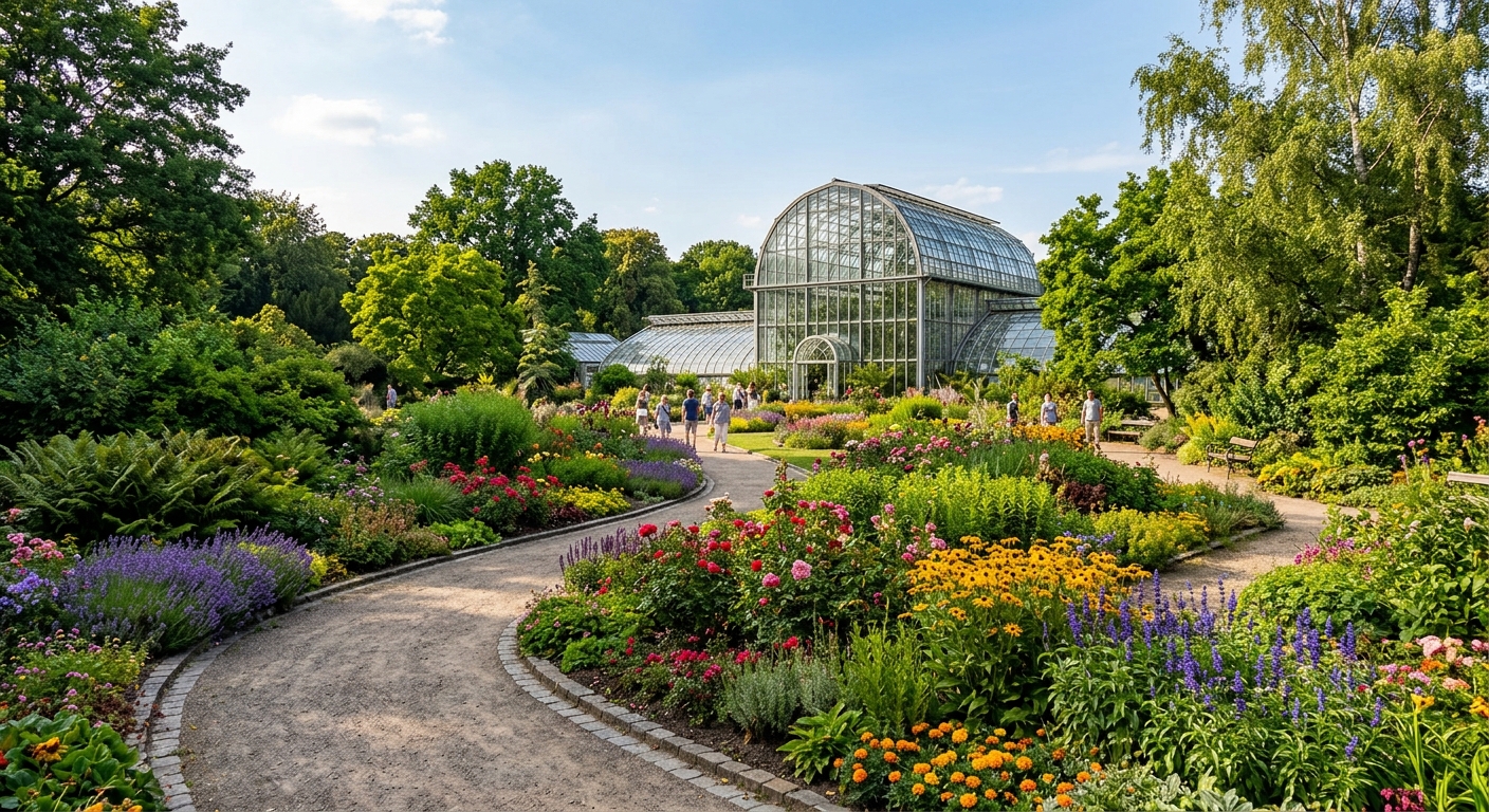 Botanischer Garten Münster botanical garden with lush greenery, greenhouse structures, winding paths, and colorful flower beds on a sunny day
