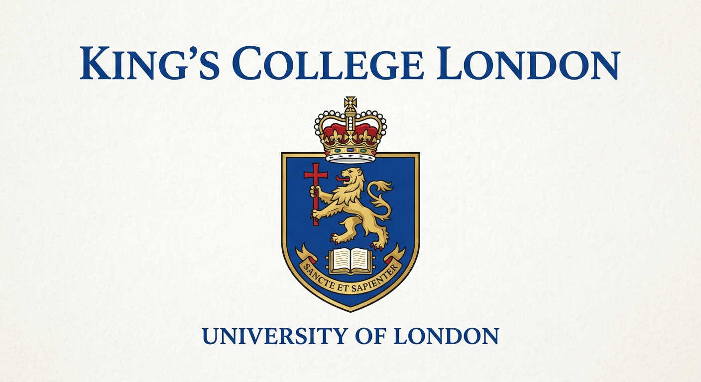 King's College London official logo, royal blue shield crest with crown and lion, university name in serif font