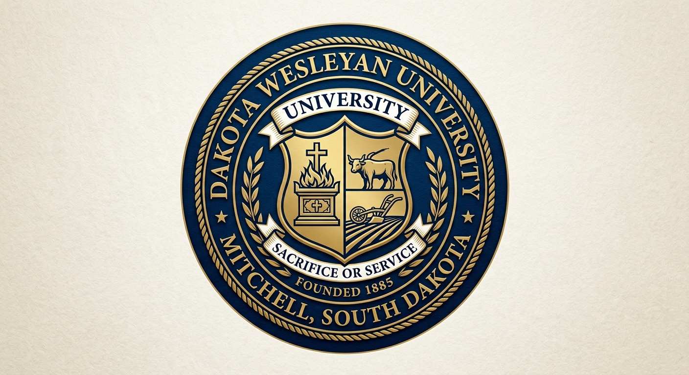 Dakota Wesleyan University official logo featuring the collegiate seal with an altar, ox, and plow symbolizing the motto Sacrifice or Service