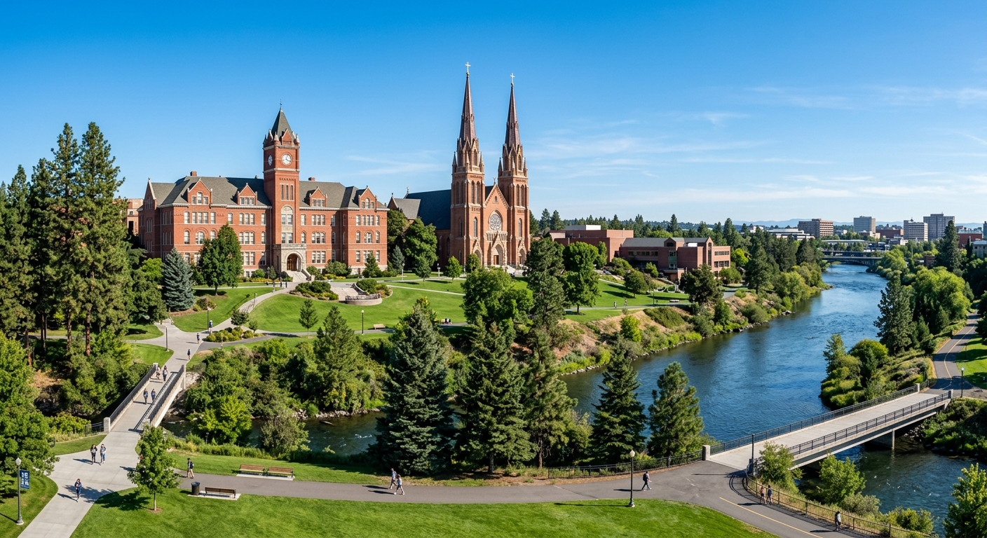 Gonzaga University campus wide shot showing historic red-brick College Hall with twin spires of St. Aloysius Church, green lawns along the Spokane River, Pacific Northwest evergreen trees, clear blue sky