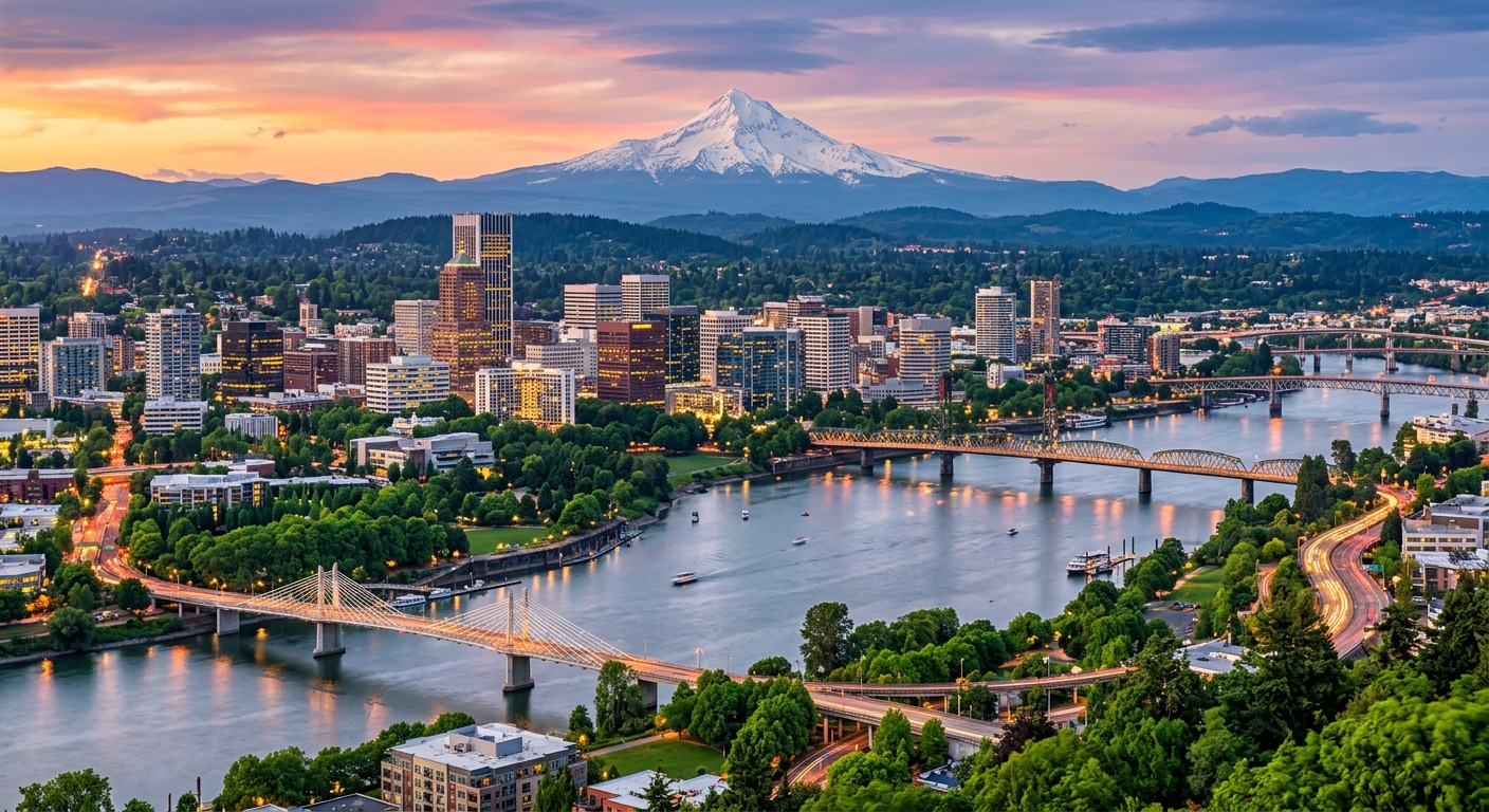 Portland Oregon skyline with Mount Hood in background, Willamette River flowing through downtown, bridges, green trees, vibrant urban landscape