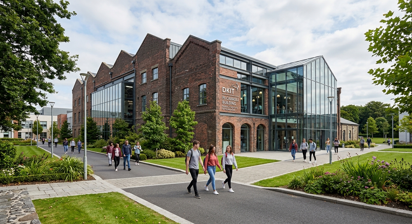 DkIT PJ Carroll Building exterior, renovated industrial architecture, glass and brick facade, students walking on pathways, green landscaping