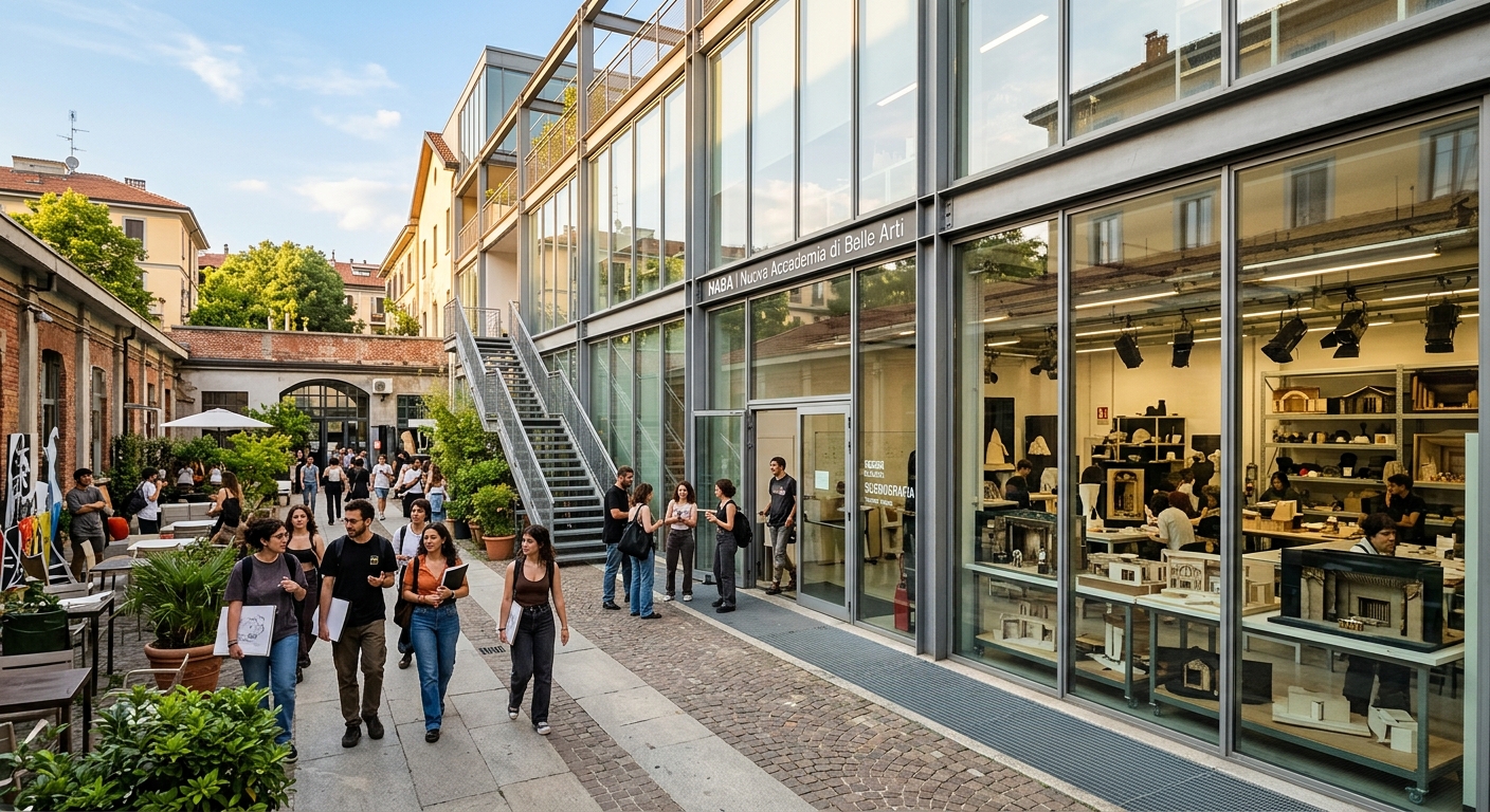 NABA Milan campus in the Navigli district, modern art academy building with students walking through a creative courtyard, theatrical stage design models visible through large glass windows, warm Italian sunlight