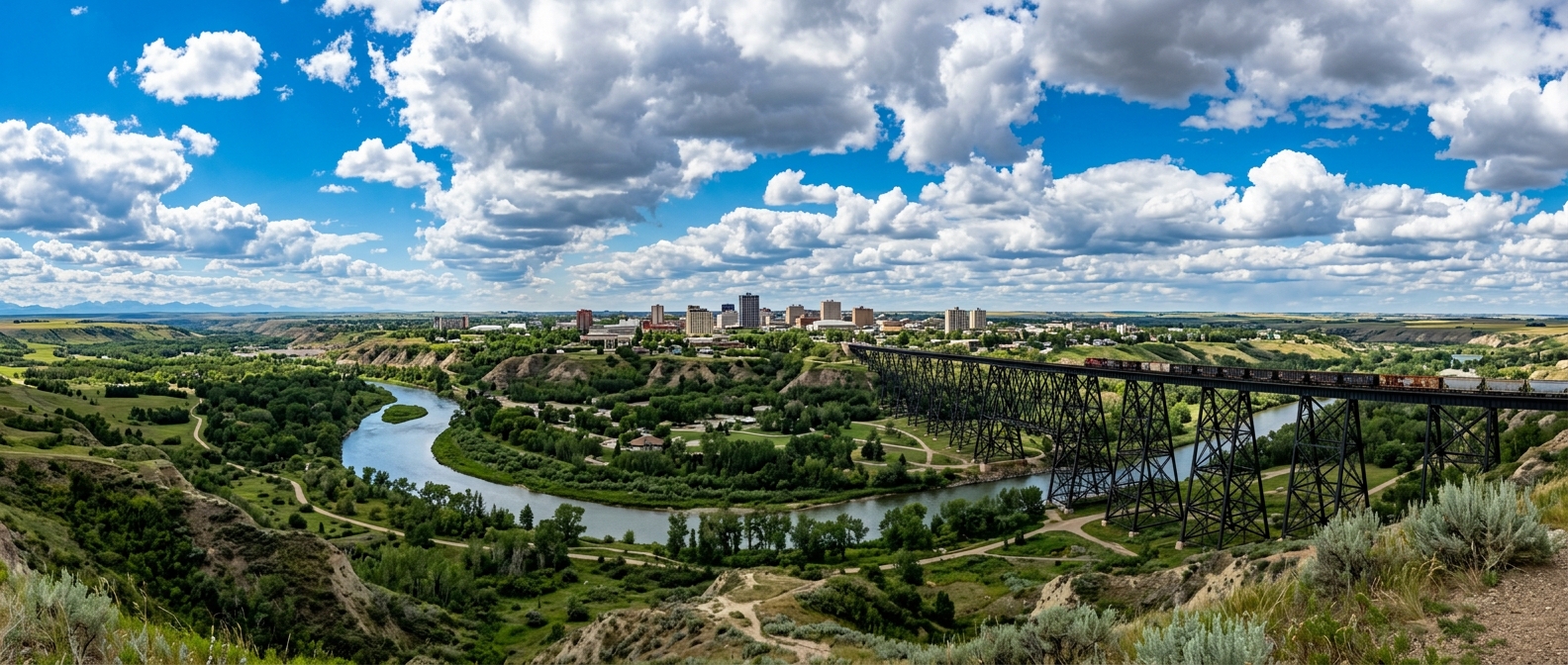 Panoramic view of Lethbridge Alberta skyline with the High Level Bridge, Oldman River valley, and vast prairie landscape under a bright blue sky with dramatic clouds