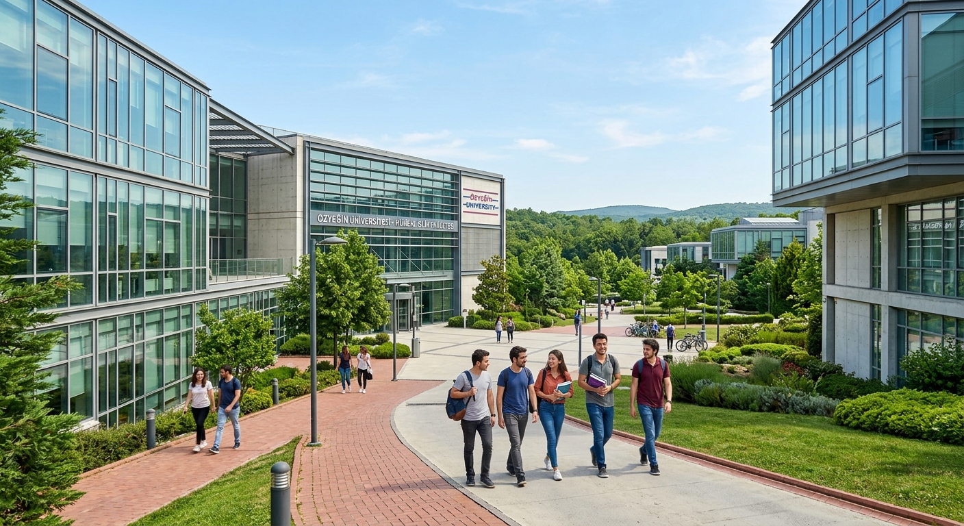 Modern Özyeğin University campus in Çekmeköy, Istanbul with contemporary architecture surrounded by lush green landscape, engineering students walking between glass-fronted faculty buildings under clear blue sky