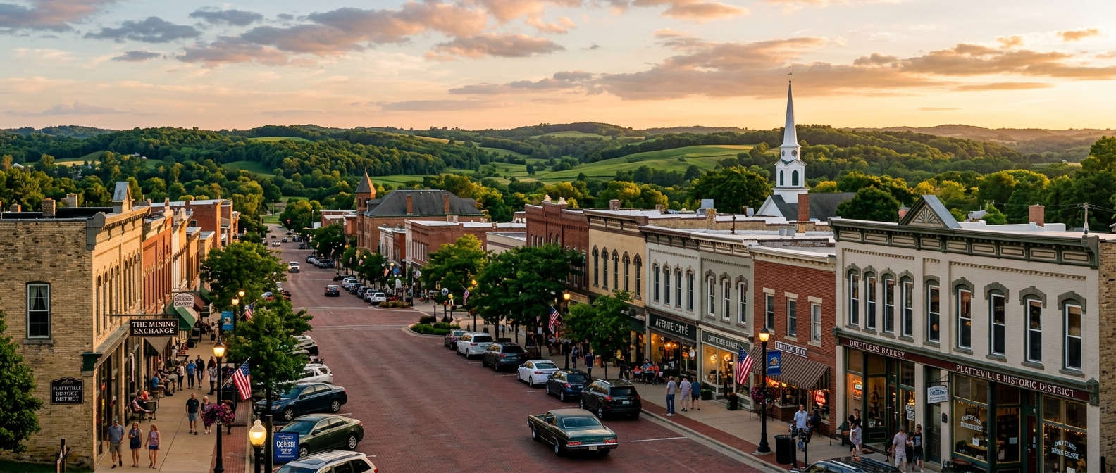 Panoramic view of Platteville Wisconsin downtown with historic Main Street, small-town charm, rolling green hills of the Driftless Area in background, warm summer evening light