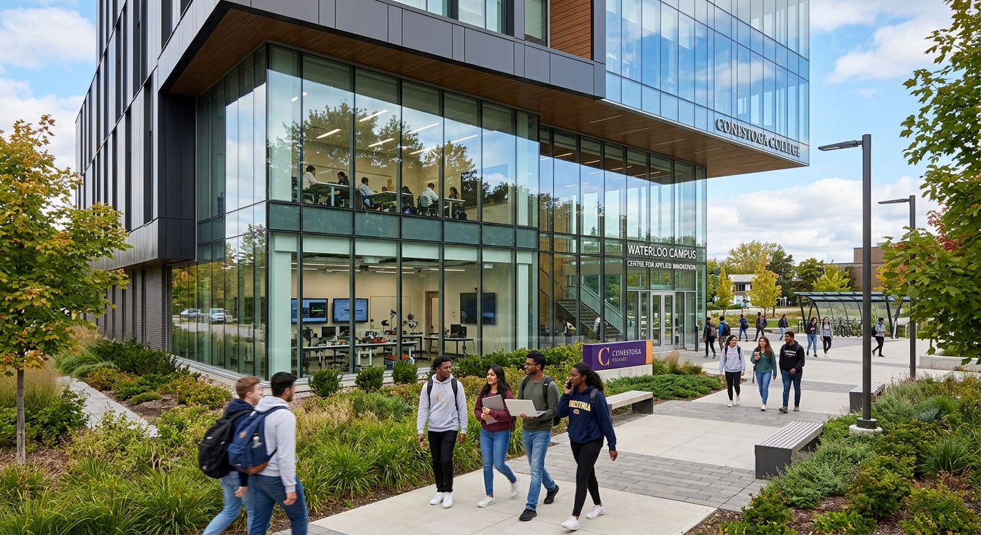 Modern Conestoga College campus building in Kitchener-Waterloo region, students walking through a technology-focused learning environment with glass facades and green landscaping, Canadian college setting
