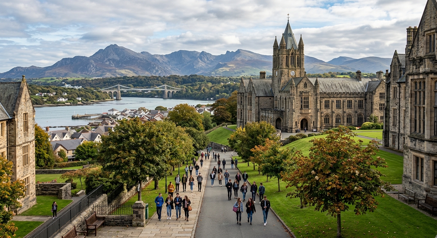 Historic Bangor University campus with Victorian stone buildings set against the backdrop of Snowdonia mountains and the Menai Strait in North Wales, students walking along tree-lined paths