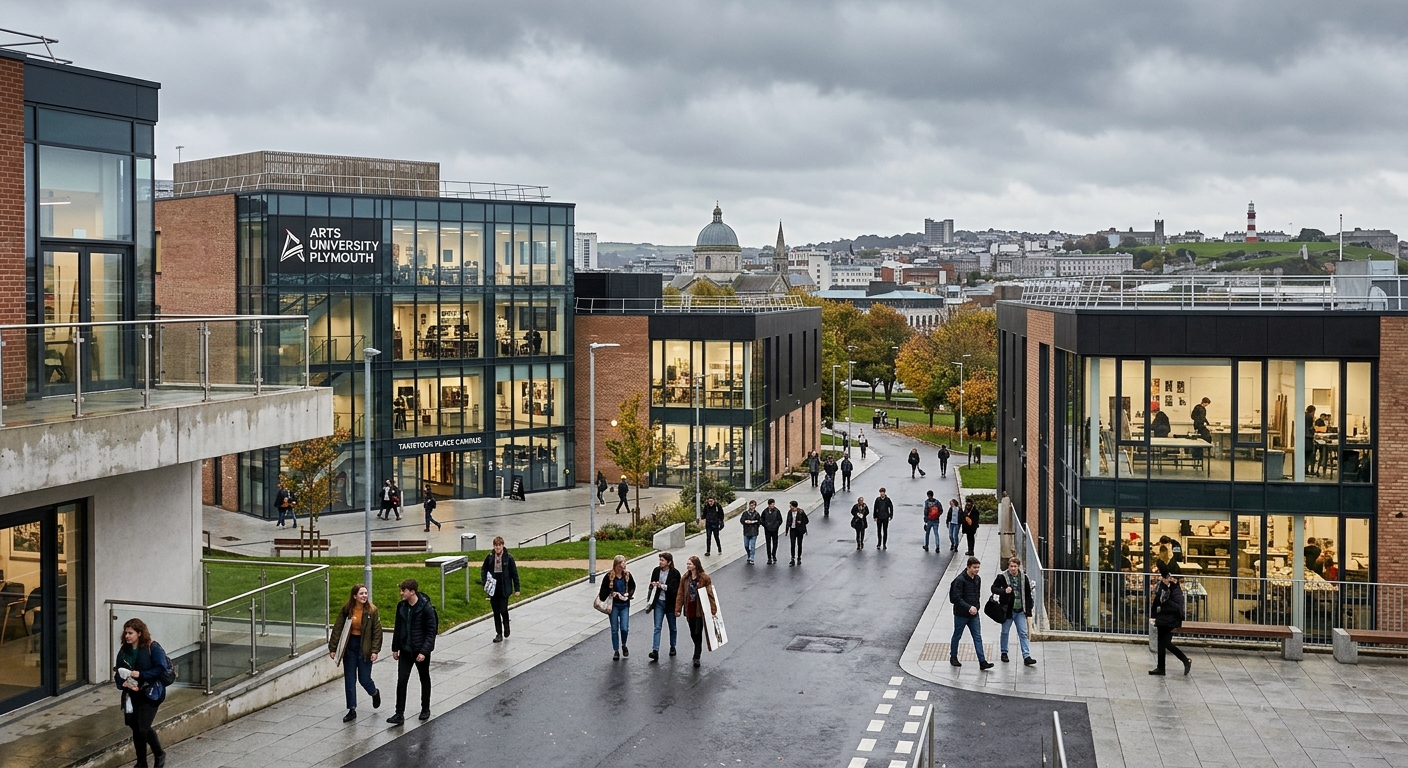 Arts University Plymouth city-centre campus at Tavistock Place, modern open-plan creative buildings with large windows, Plymouth cityscape in background, overcast English sky, students walking between studio buildings