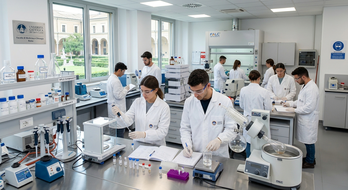 Modern pharmacy laboratory at Università Cattolica del Sacro Cuore Rome campus, students in white lab coats working with pharmaceutical equipment, bright clinical setting with medical instruments and drug samples