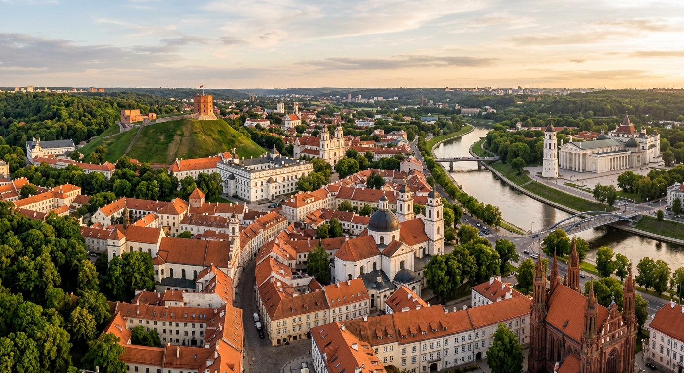 Vilnius Old Town panoramic view, UNESCO World Heritage baroque architecture, Gediminas Tower on hilltop, Neris River, red rooftops, green parks, golden hour lighting